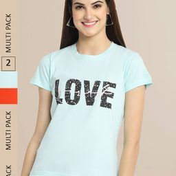 Fabflee Women Blue & Orange Pack of 2 Typography Printed Cotton T-shirt-image-89