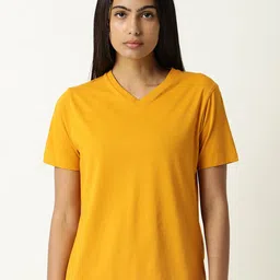 ARTICALE Women Mustard Yellow Solid V-Neck Slim Fit Cotton T-shirt-picture-8