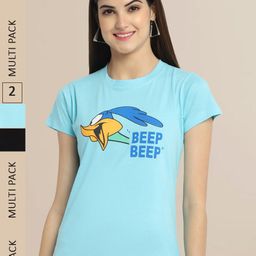 Fabflee Women Pack Of 2 Blue & Black Printed T-shirt-image-105