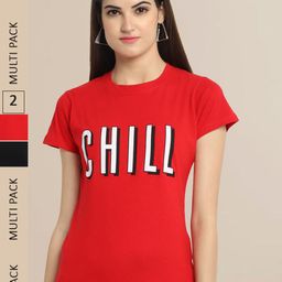 Fabflee Women Red & Black Typography Pack Of 2 Printed Cotton T-shirt-image-92