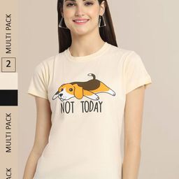Fabflee Women Beige & Black Set Of 2 Cotton  Printed T-shirt-image-88