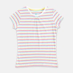 Pantaloons Junior Girls Off White & Pink Striped Cotton T-shirt-image-59