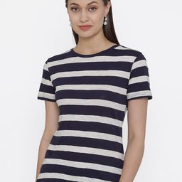 DOOR74 Women Navy Blue & Grey Striped Cotton T-shirt-image-100
