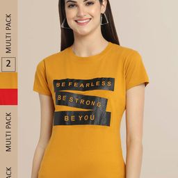 Fabflee Women Mustard & Red Typography Printed Pack of 2 Cotton T-shirt-10