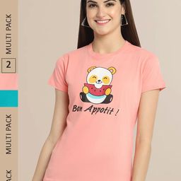 Fabflee Women Peach-Coloured & Turquoise Blue Printed Pack of 2 Cotton T-shirt-image-87