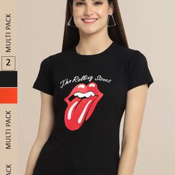 Fabflee Women Black & Orange Pack of 2 Typography Printed Cotton T-shirt-image-76