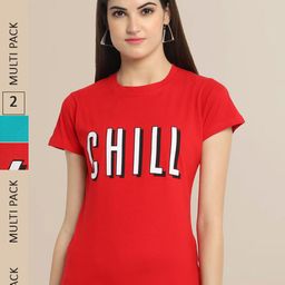 Fabflee Women Red & Green Pack Of 2 Printed Cotton T-shirt-image-102