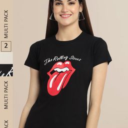Fabflee Women Black & Beige Pack Of 2 Typography Printed Cotton T-shirt-image-85