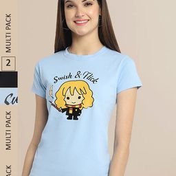Fabflee Women Blue & Black Pack Of 2 Printed Cotton T-shirt-image-108