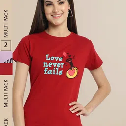 Fabflee Women Red & Purple  Pack Of 2 Typography Printed Cotton T-shirt-image-54