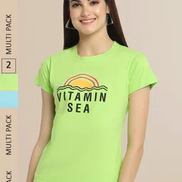 Fabflee Women Sea Green & Blue Pack of 2 Typography Printed Cotton T-shirt-image-57