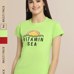 Fabflee Women Pack Of 2 Lime Green & Red Printed T-shirt-picture-35