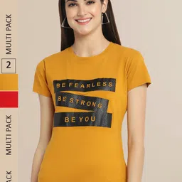 Fabflee Women Mustard Yellow & Red Pack of 2 Typography Printed Cotton T-shirt-picture-6