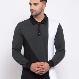 Kalt Men Black & Grey Colourblocked Polo Collar T-shirt-image-37