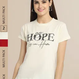 Fabflee Women Off-White & Red Typography Printed Pack of 2 Cotton T-shirt-picture-9