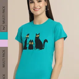 Fabflee Women Pack Of 2 Green & Purple Printed T-shirt-image-96