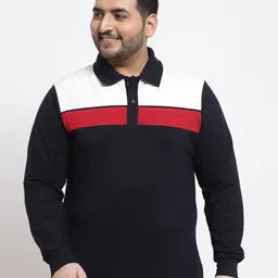 Kalt Men Navy Blue Colourblocked Polo Collar Cotton T-shirt-image-77