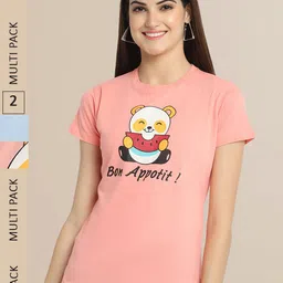 Fabflee Women Peach-Coloured & Blue Pack Of 2 Printed Cotton T-shirt-image-85