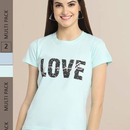 Fabflee Women Pack Of 2 Green & Blue Printed T-shirt-image-122