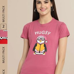 Fabflee Women Pack Of 2 Pink & Red Printed Cotton T-shirt-6