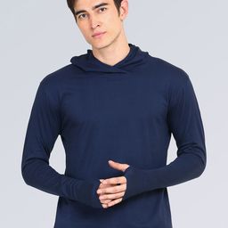 appulse Men Navy Blue Solid Hooded Thumbopen T-shirt-image-72