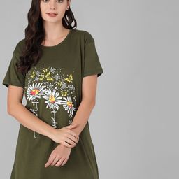 Viral trend Women Olive Green & White Floral Printed Drop-Shoulder Sleeves Cotton T-shirt-image-9