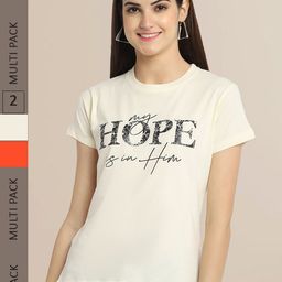 Fabflee Women Pack Of 2 Cream-Coloured & Orange Typography Printed T-shirt-picture-14