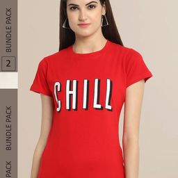 Fabflee Women Pack Of 2 Red & Off White Typography Printed Cotton T-shirt-picture-15