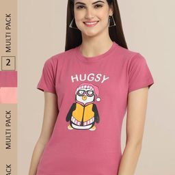 Fabflee Women Rose & Peach-Coloured Printed Pack of 2 Cotton T-shirt-image-99