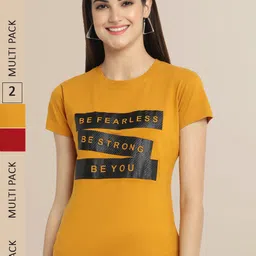 Fabflee Women Pack Of 2 Mustard Yellow & Red Printed T-shirt-picture-3