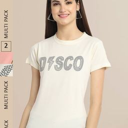 Fabflee Women Beige & Peach-Coloured Pack Of 2 Typography Printed Cotton T-shirt-9
