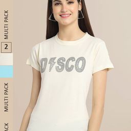 Fabflee Women Pack Of 2 Cream-Coloured & Blue Printed T-shirt-picture-14