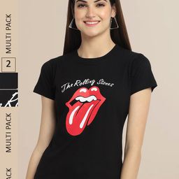 Fabflee Women Black Pack Of 2 Typography Printed Cotton T-shirt-image-112