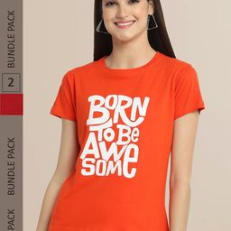 Fabflee Women Pack Of 2 Orange & Maroon Typography Printed Cotton T-shirt-image-46