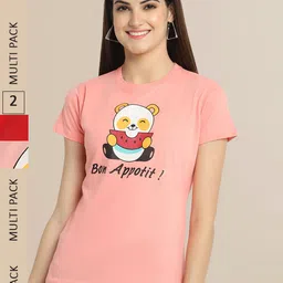 Fabflee Women Peach-Coloured & Red Pack of 2 Typography Printed Cotton T-shirts-image-86