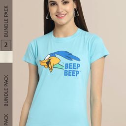 Fabflee Women Pack Of 2 Turquoise Blue & Beige Printed Cotton T-shirt-image-93
