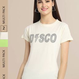 Fabflee Women Off White & Green Pack of 2 Typography Printed Cotton T-shirts-image-137