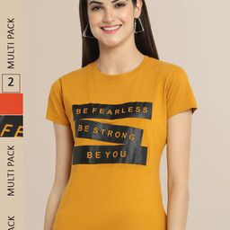 Fabflee Women Mustard Yellow & Orange Pack of 2 Typography Printed Cotton T-shirts-image-99