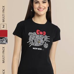 Fabflee Women Black & Maroon Pack of 2 Typography Printed Cotton T-shirts-image-95