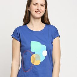 Autumn Hues Women Blue Printed Extended Sleeves Cotton T-shirt-image-42