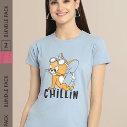 Fabflee Women Pack Of 2 Grey & Pink  Printed Cotton T-shirt-image-63