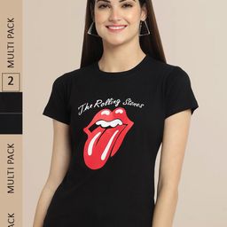 Fabflee Women Black Pack of 2 Typography Printed Cotton T-shirt-image-113