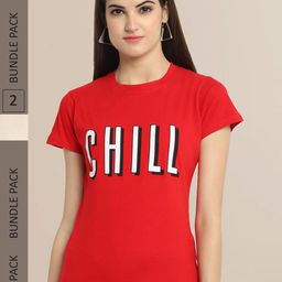 Fabflee Women Pack Of 2 Red & Off White Typography  Printed Cotton T-shirt-picture-14