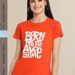 Fabflee Women Orange & Blue Set Of 2 Cotton  Printed T-shirt-image-19