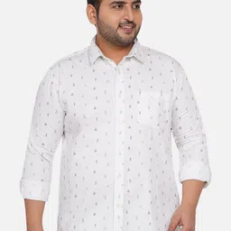John Pride Plus Size Men White Cotton Printed Spread Collar Shirts-98