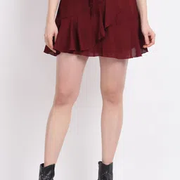 La Zoire Women Maroon Solid Ruffled Tie-Up Mini Skirts-picture-41
