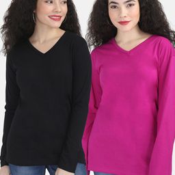 Fleximaa Women Black & Magenta Pack Of 2 T-shirts-image-89
