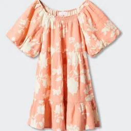 Mango Kids Girls Pure Cotton Floral Printed Puff Sleeves Tiered Dress-image-96