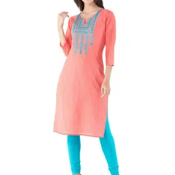 Ksharaa Women Peach-Coloured & Blue Geometric Embroidered Kurta-33