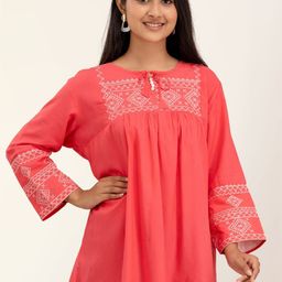 FERANOID Ethnic Motifs Embroidered Tie-Up Neck Thread Work Pure Cotton A-Line Kurti-6